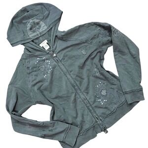 Y2K Studded Grunge Gray Floral Embroidered Sequin Zip Up Hoodie Y2K Boho XL